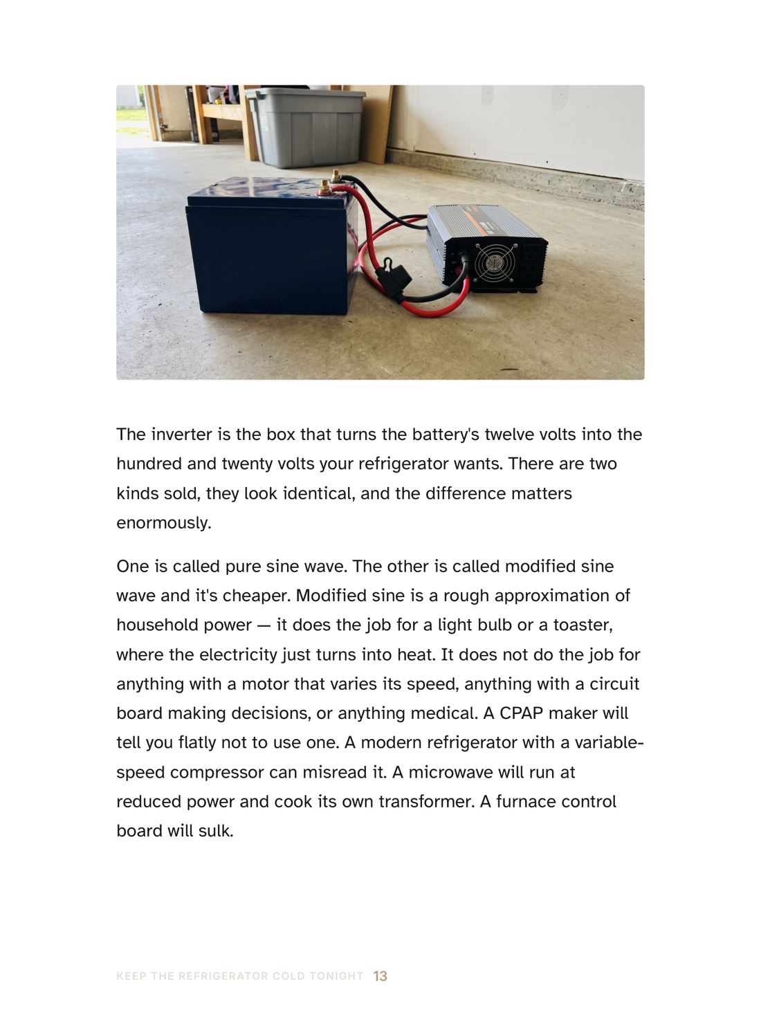 A page from the book showing a photograph of a battery and inverter alongside the explanation of pure sine wave power
