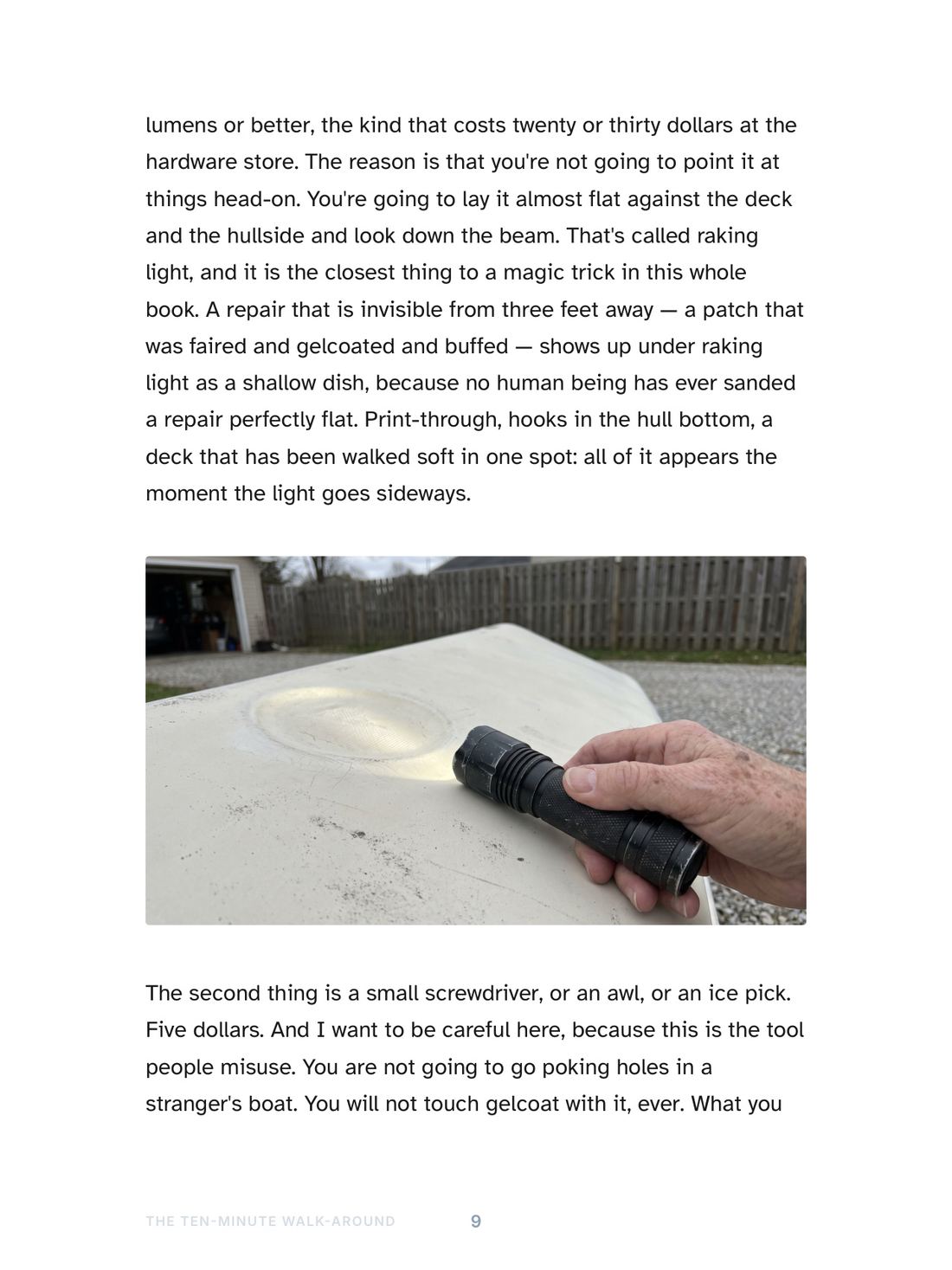 Interior page: using raking light across a boat deck to reveal an old repair