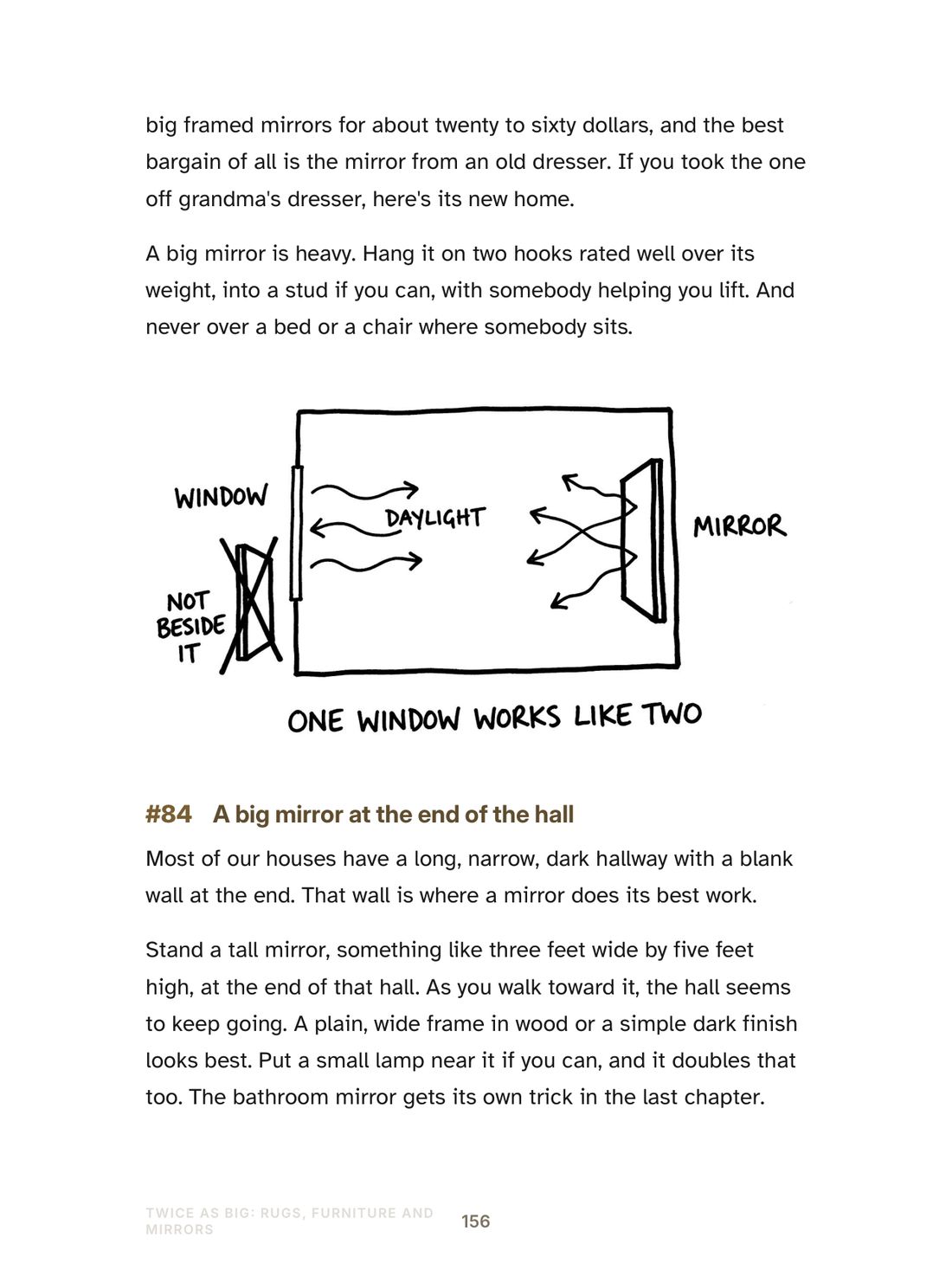 Page 156 of the book: a hand-drawn sketch of daylight bouncing from a window into a mirror across the room, and trick 84, a big mirror at the end of the hall