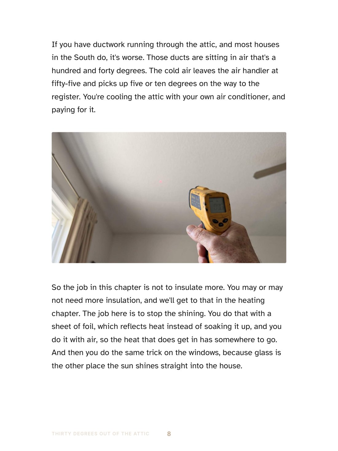 A page from the book explaining how attic ductwork loses cold air, with a photograph of an infrared thermometer being pointed at a bedroom ceiling